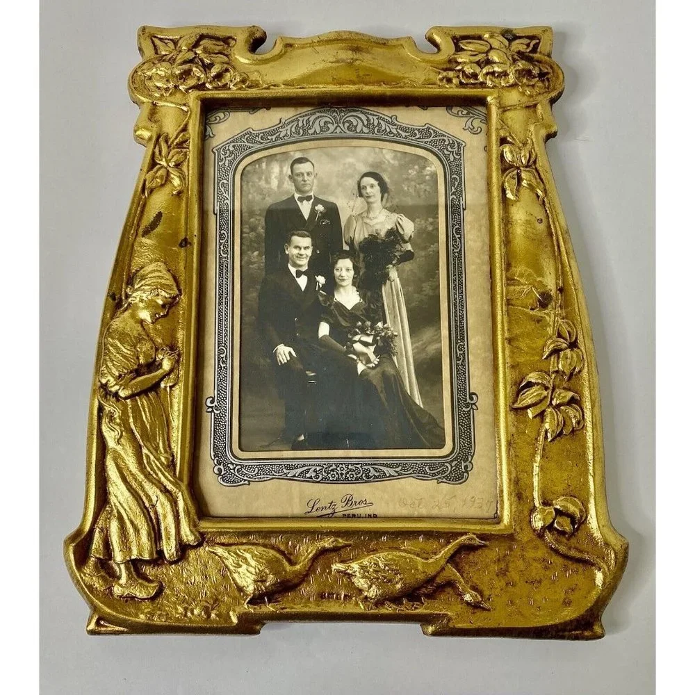European Style Art Nouveau Brass‎ Metal Frame Vintage Girl Geese Floral Accents